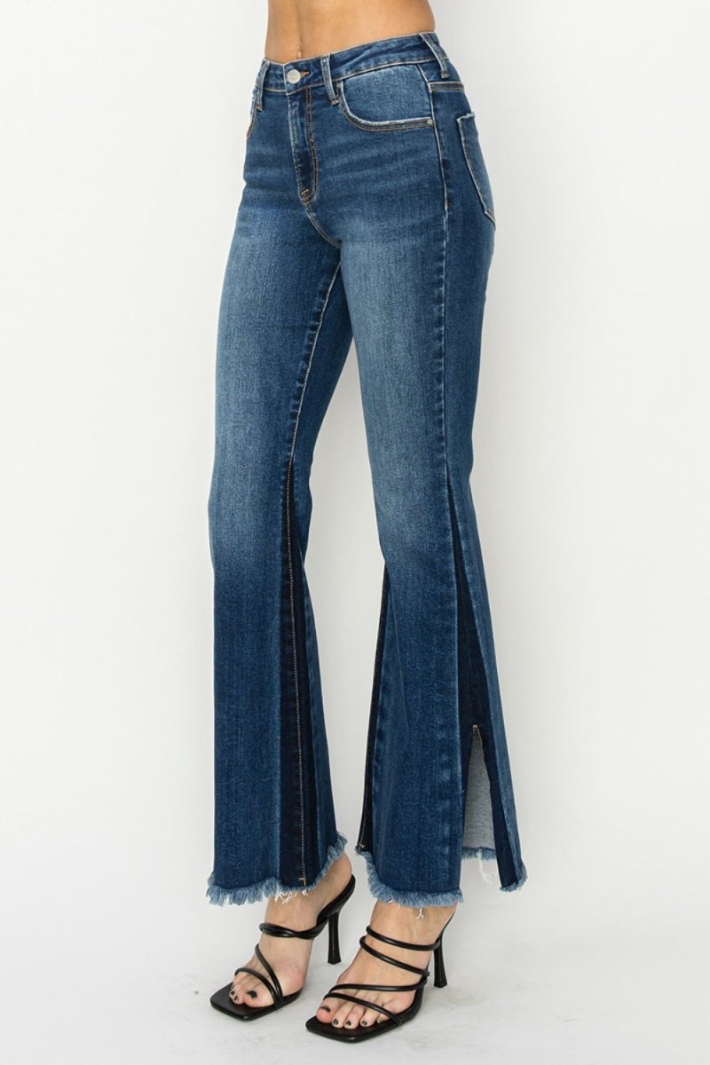RISEN Full Size High Rise Side Shadow Seam Detail Slit Flare Jeans - Bottoms