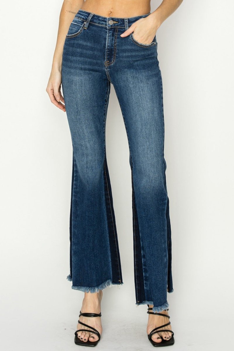 RISEN Full Size High Rise Side Shadow Seam Detail Slit Flare Jeans - Bottoms