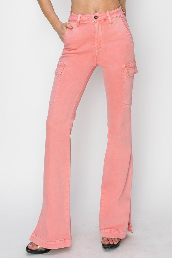 RISEN Full Size High Rise Side Slit Cargo Bootcut Jeans - Bottoms