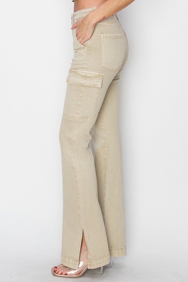 RISEN Full Size High Rise Side Slit Cargo Bootcut Jeans - Bottoms