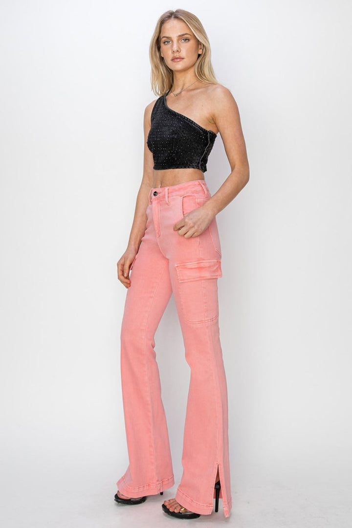 RISEN Full Size High Rise Side Slit Cargo Bootcut Jeans - Bottoms