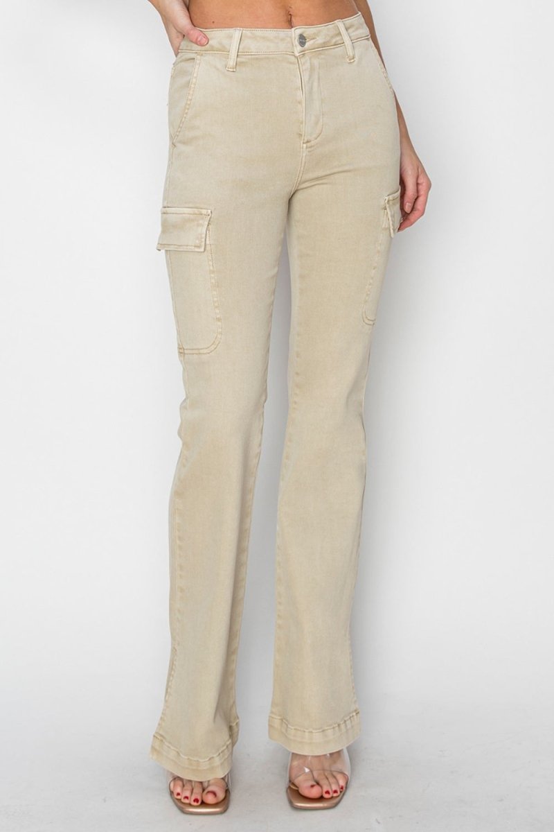 RISEN Full Size High Rise Side Slit Cargo Bootcut Jeans - Bottoms