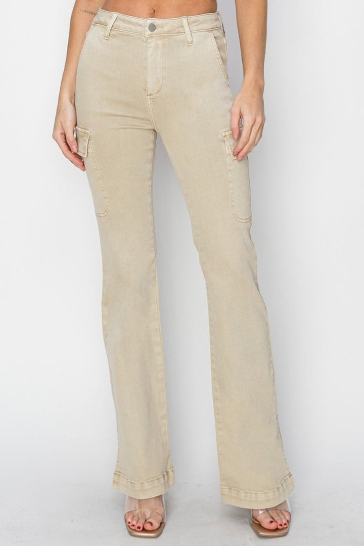 RISEN Full Size High Rise Side Slit Cargo Bootcut Jeans - Bottoms