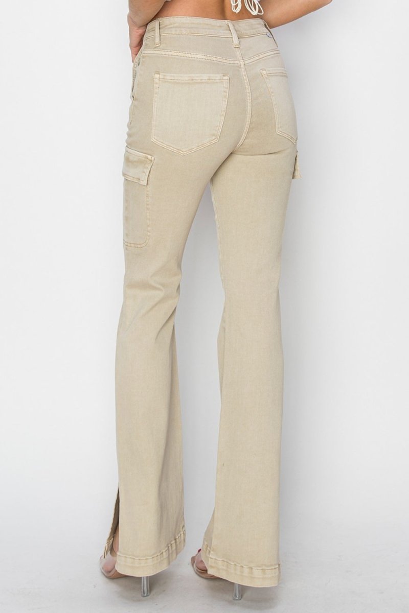 RISEN Full Size High Rise Side Slit Cargo Bootcut Jeans - Bottoms
