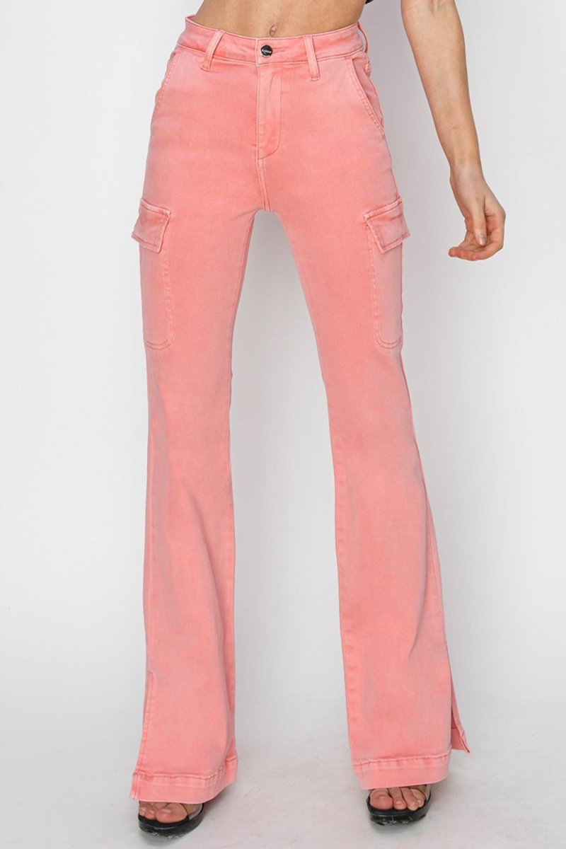 RISEN Full Size High Rise Side Slit Cargo Bootcut Jeans - Bottoms