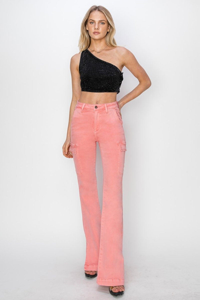 RISEN Full Size High Rise Side Slit Cargo Bootcut Jeans - Bottoms