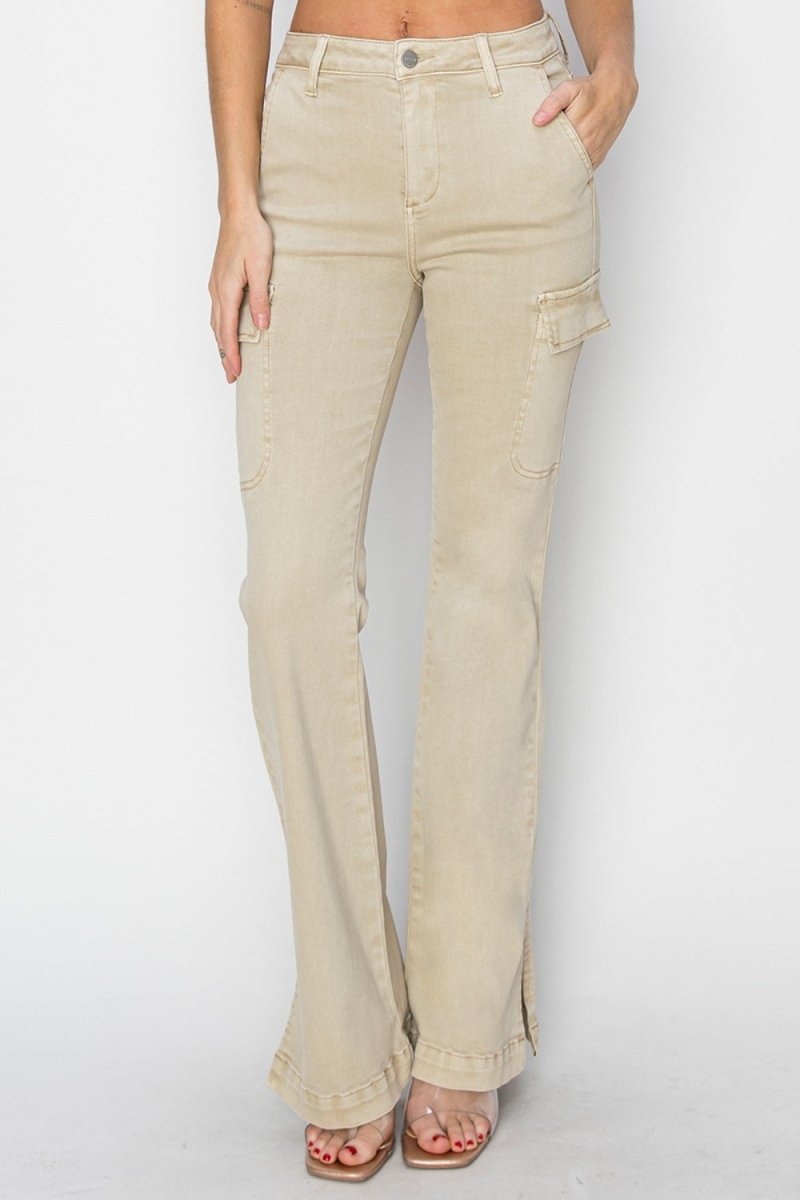 RISEN Full Size High Rise Side Slit Cargo Bootcut Jeans - Bottoms
