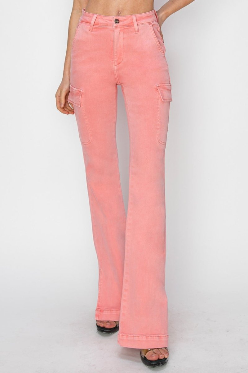 RISEN Full Size High Rise Side Slit Cargo Bootcut Jeans - Bottoms