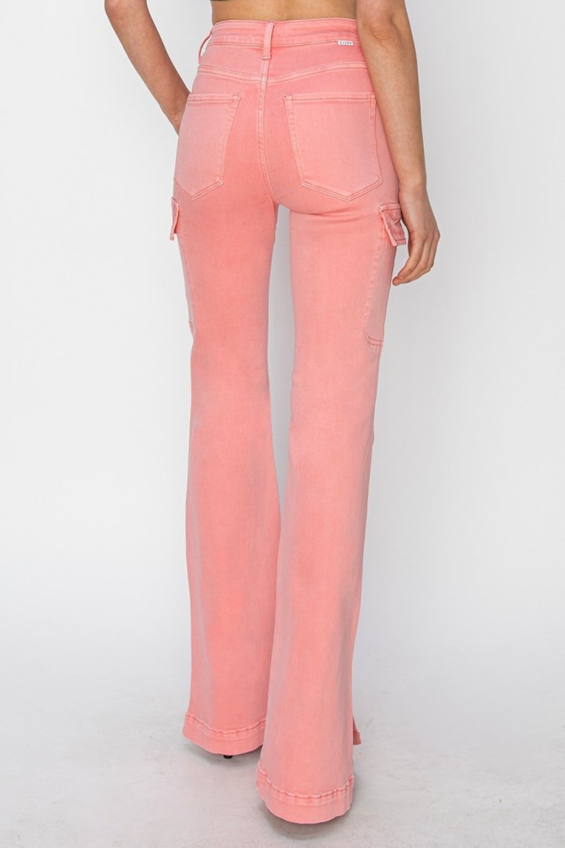 RISEN Full Size High Rise Side Slit Cargo Bootcut Jeans - Bottoms