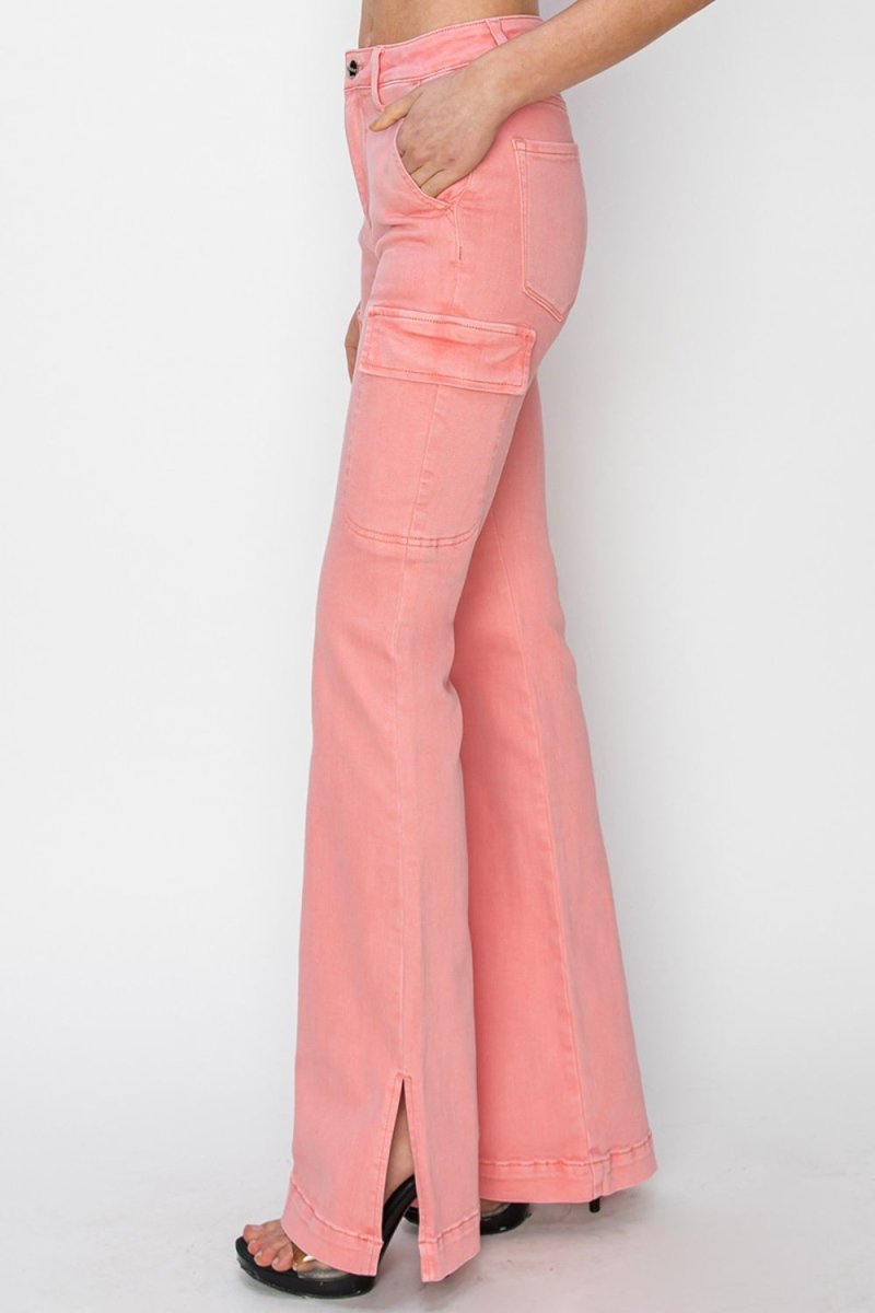 RISEN Full Size High Rise Side Slit Cargo Bootcut Jeans - Bottoms