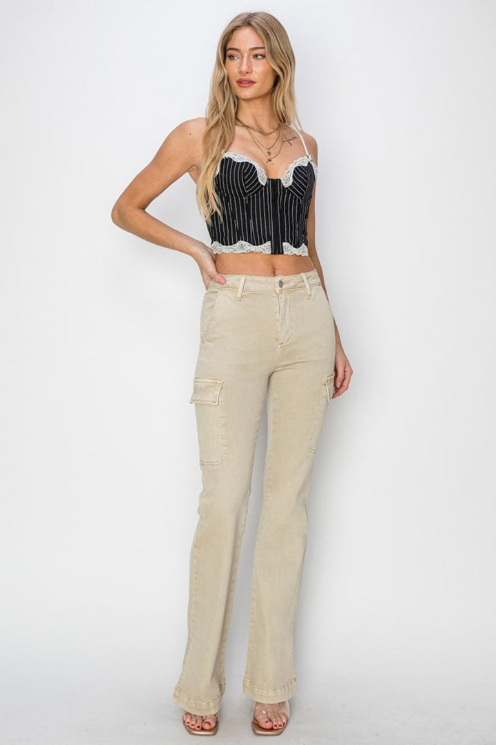 RISEN Full Size High Rise Side Slit Cargo Bootcut Jeans - Bottoms
