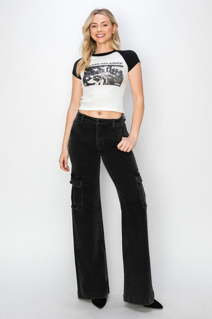 Risen Full Size High Rise Wide Leg Cargo Jeans - Bottoms