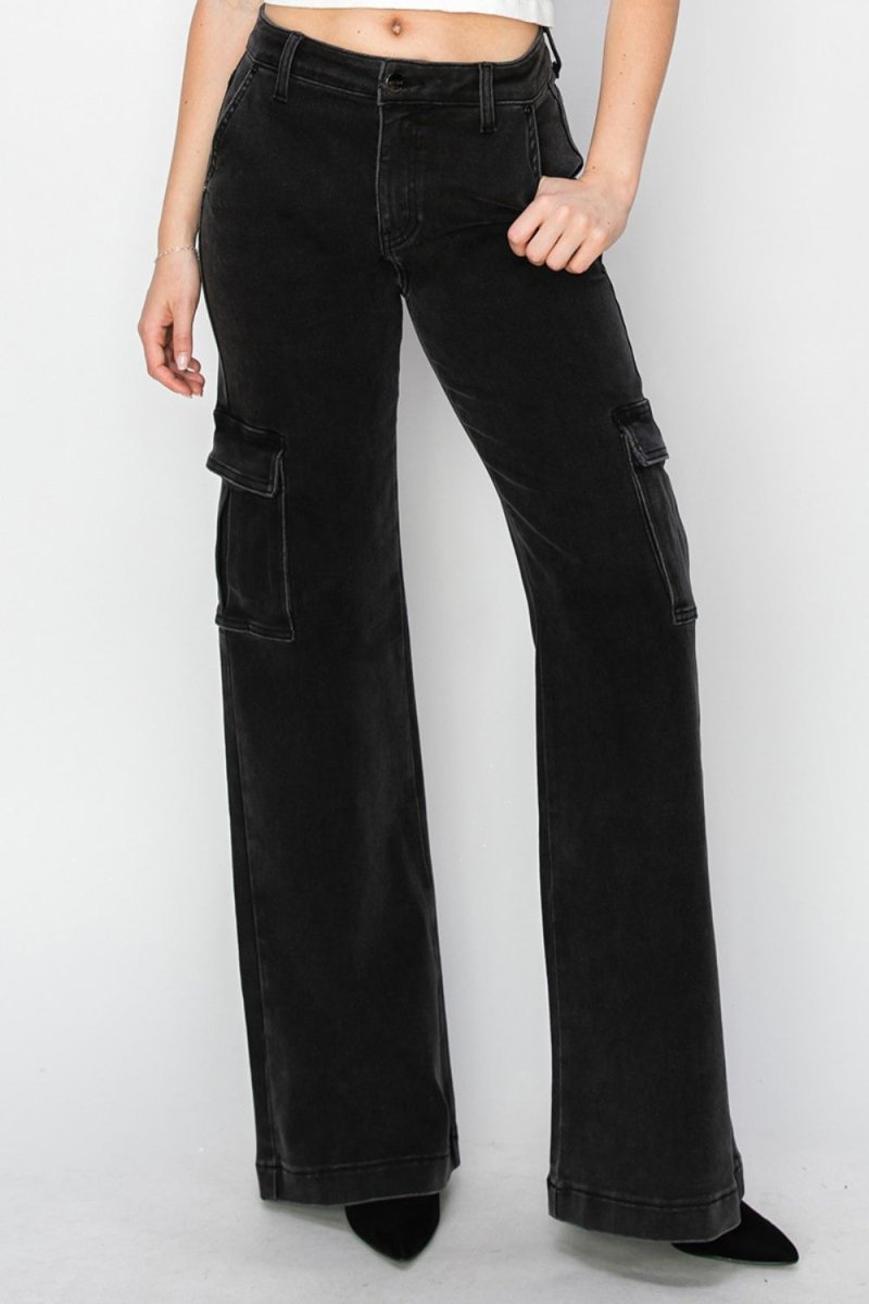 Risen Full Size High Rise Wide Leg Cargo Jeans - Bottoms