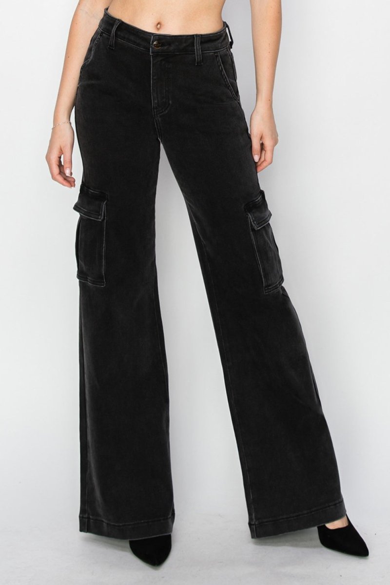 Risen Full Size High Rise Wide Leg Cargo Jeans - Bottoms