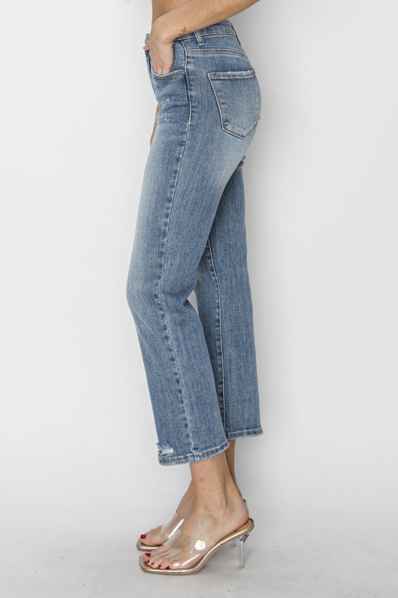 RISEN Full Size High Waist Distressed Cropped Jeans - Bottoms