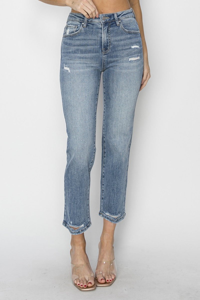 RISEN Full Size High Waist Distressed Cropped Jeans - Bottoms