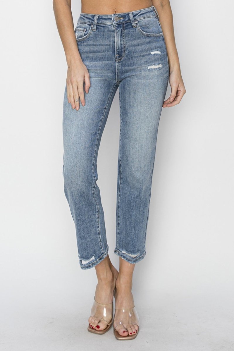 RISEN Full Size High Waist Distressed Cropped Jeans - Bottoms