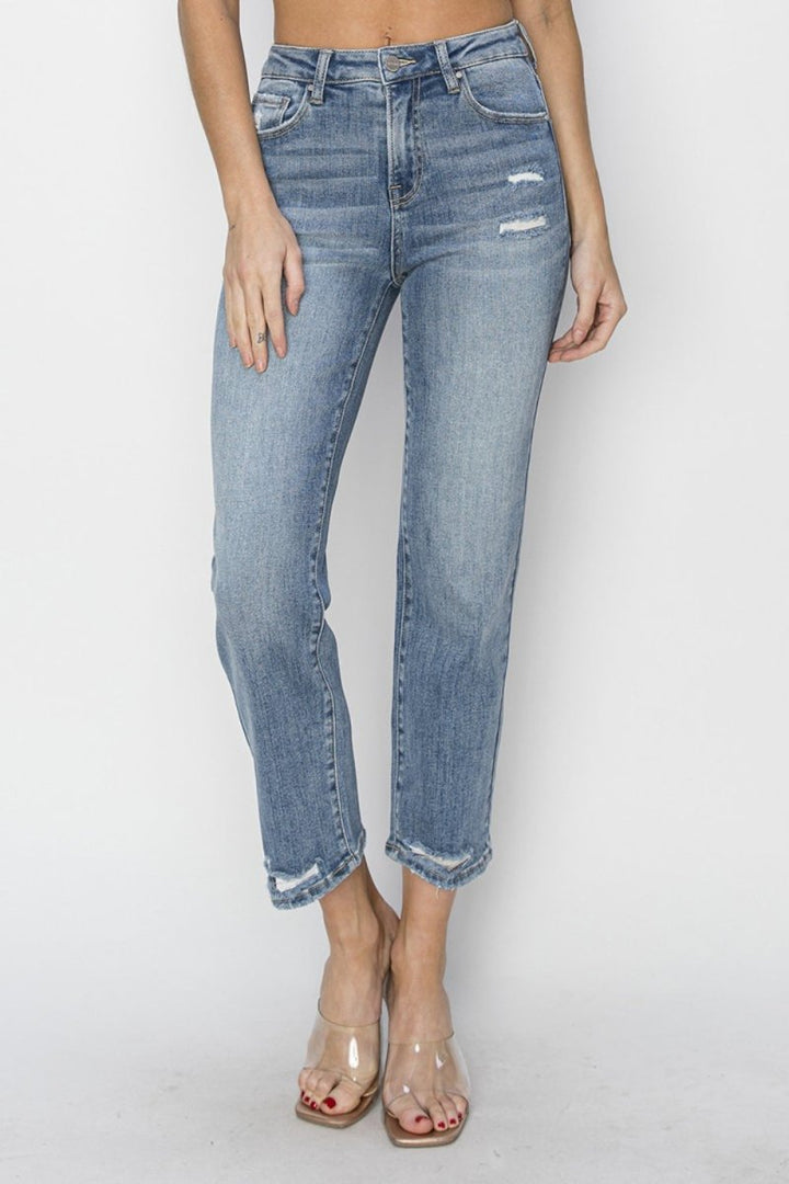 RISEN Full Size High Waist Distressed Cropped Jeans - Bottoms