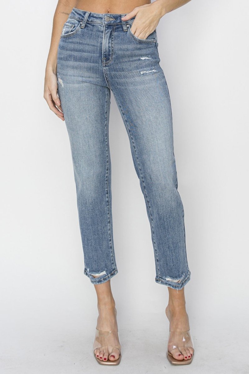 RISEN Full Size High Waist Distressed Cropped Jeans - Bottoms