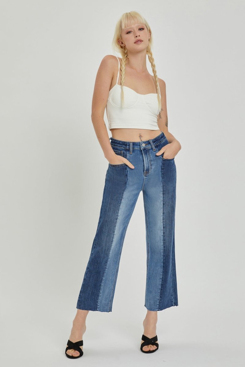 RISEN Full Size Mid - Rise Waist Two - Tones Jeans with Pockets - Bottoms