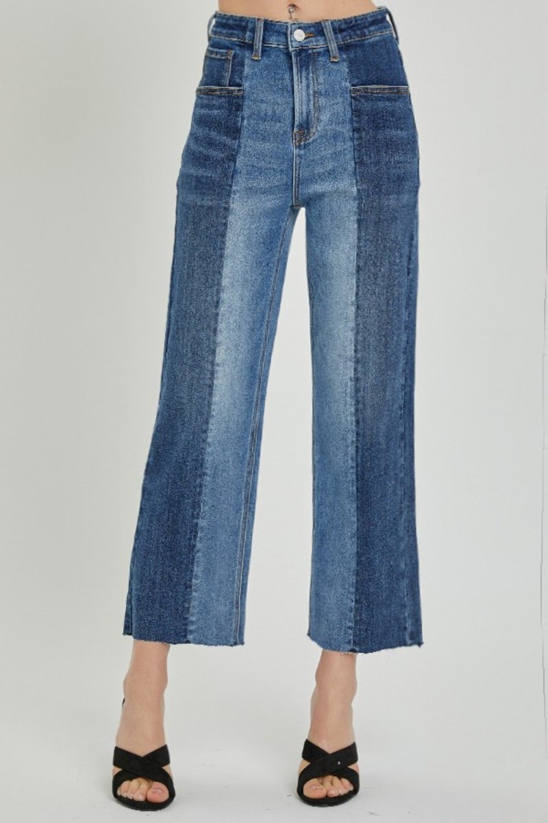 RISEN Full Size Mid - Rise Waist Two - Tones Jeans with Pockets - Bottoms