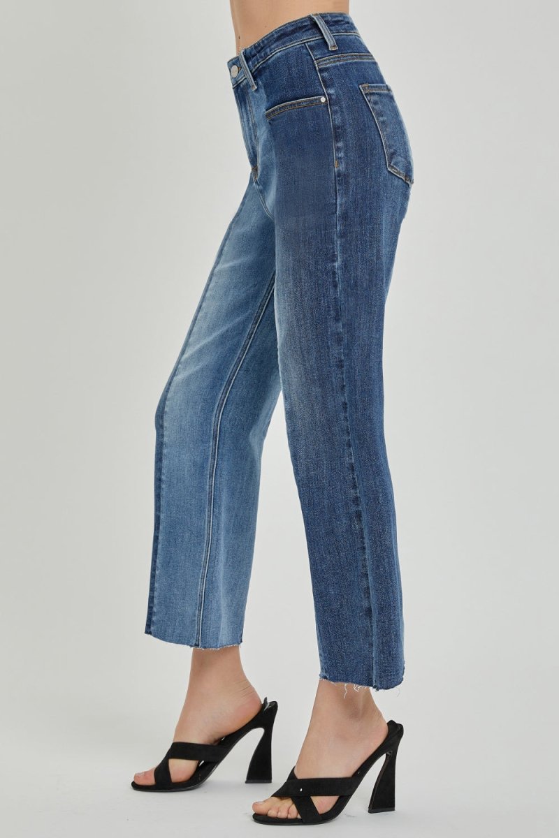RISEN Full Size Mid - Rise Waist Two - Tones Jeans with Pockets - Bottoms
