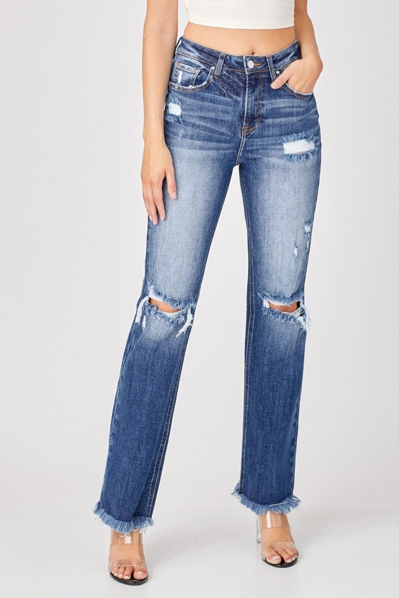 Risen Full Size Raw Hem Distressed Straight Jeans - Bottoms
