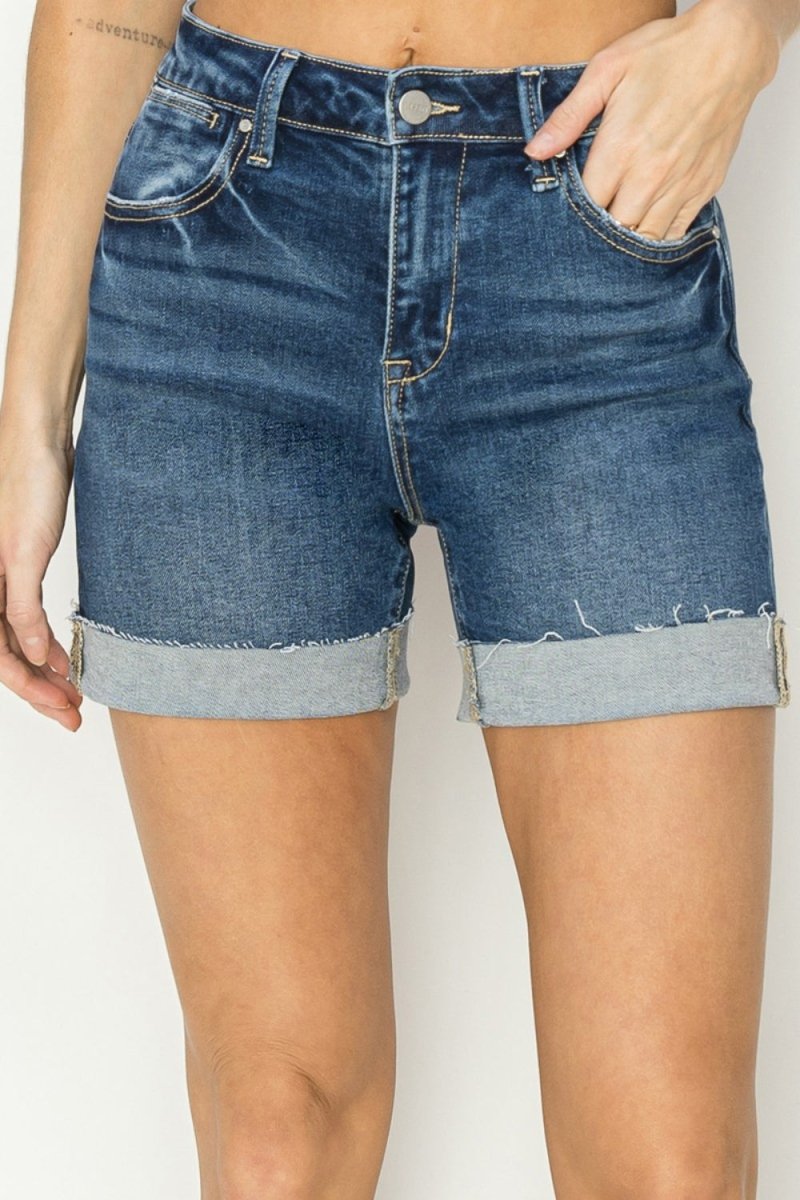 RISEN High Rise Cuffed Denim Shorts - Bottoms