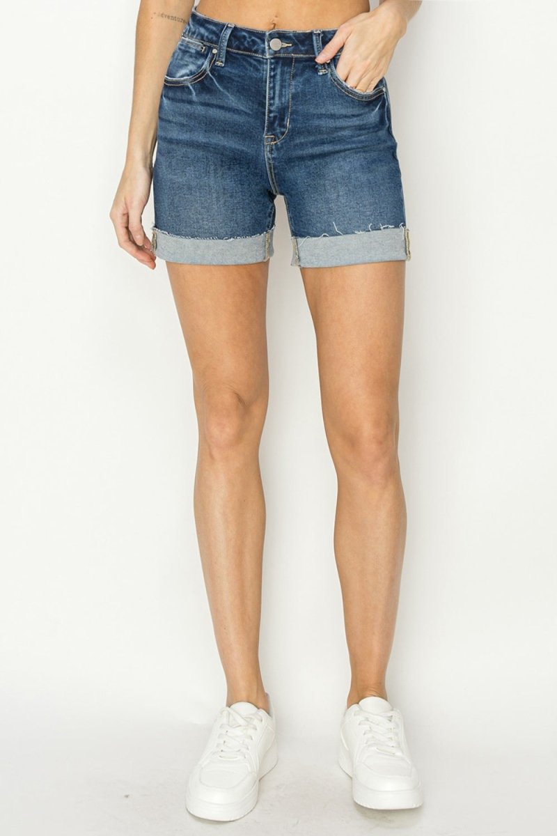 RISEN High Rise Cuffed Denim Shorts - Bottoms