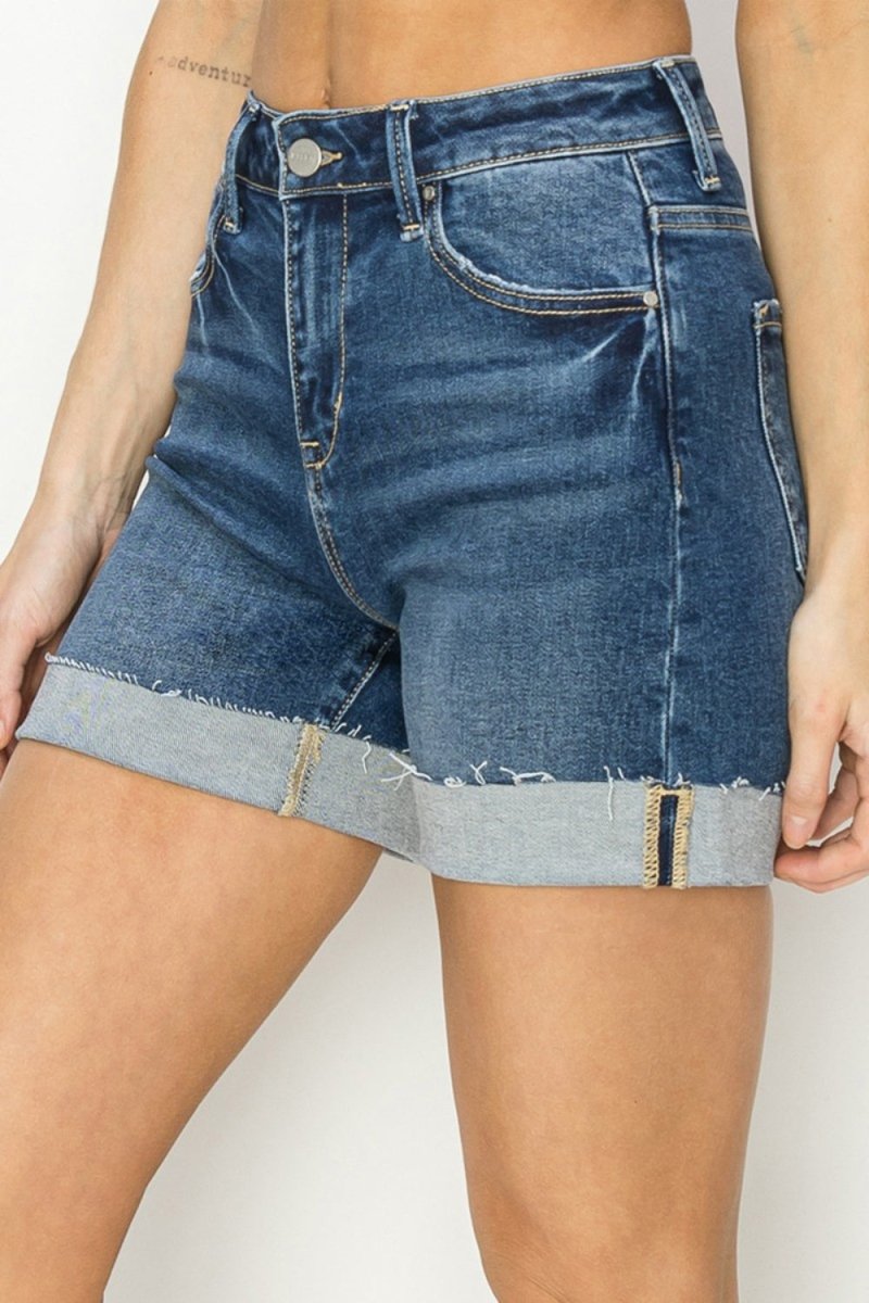 RISEN High Rise Cuffed Denim Shorts - Bottoms