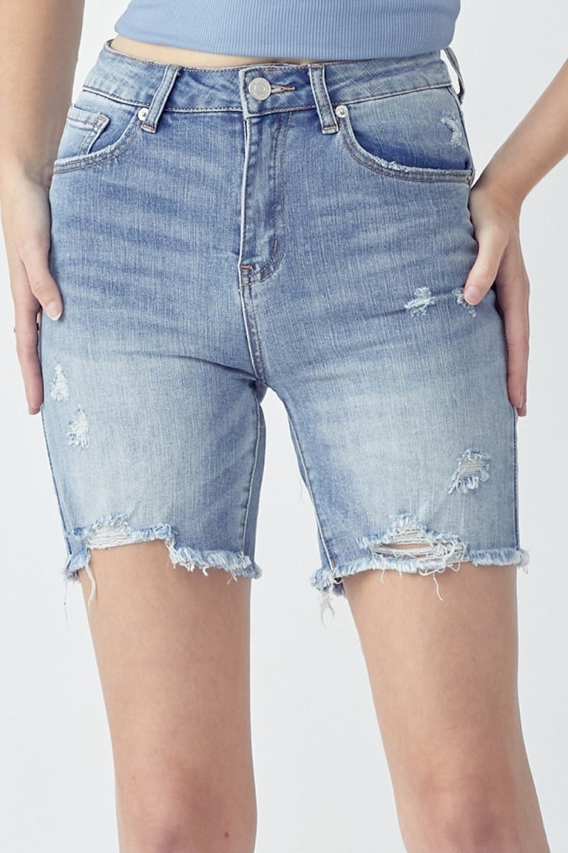 RISEN High Rise Distressed Denim Shorts - Bottoms