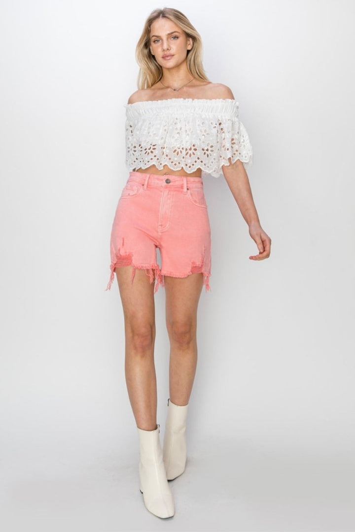 RISEN High Rise Distressed Denim Shorts - Bottoms
