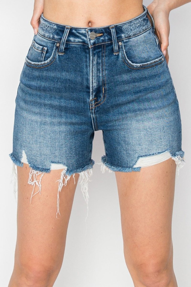 RISEN High Rise Raw Hem Distressed Denim Shorts - Bottoms