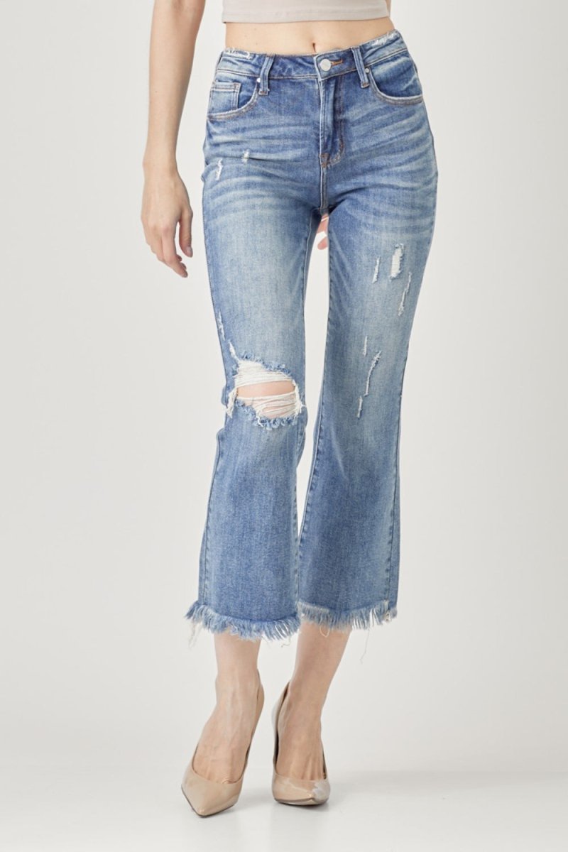RISEN High Waist Distressed Cropped Bootcut Jeans - Bottoms