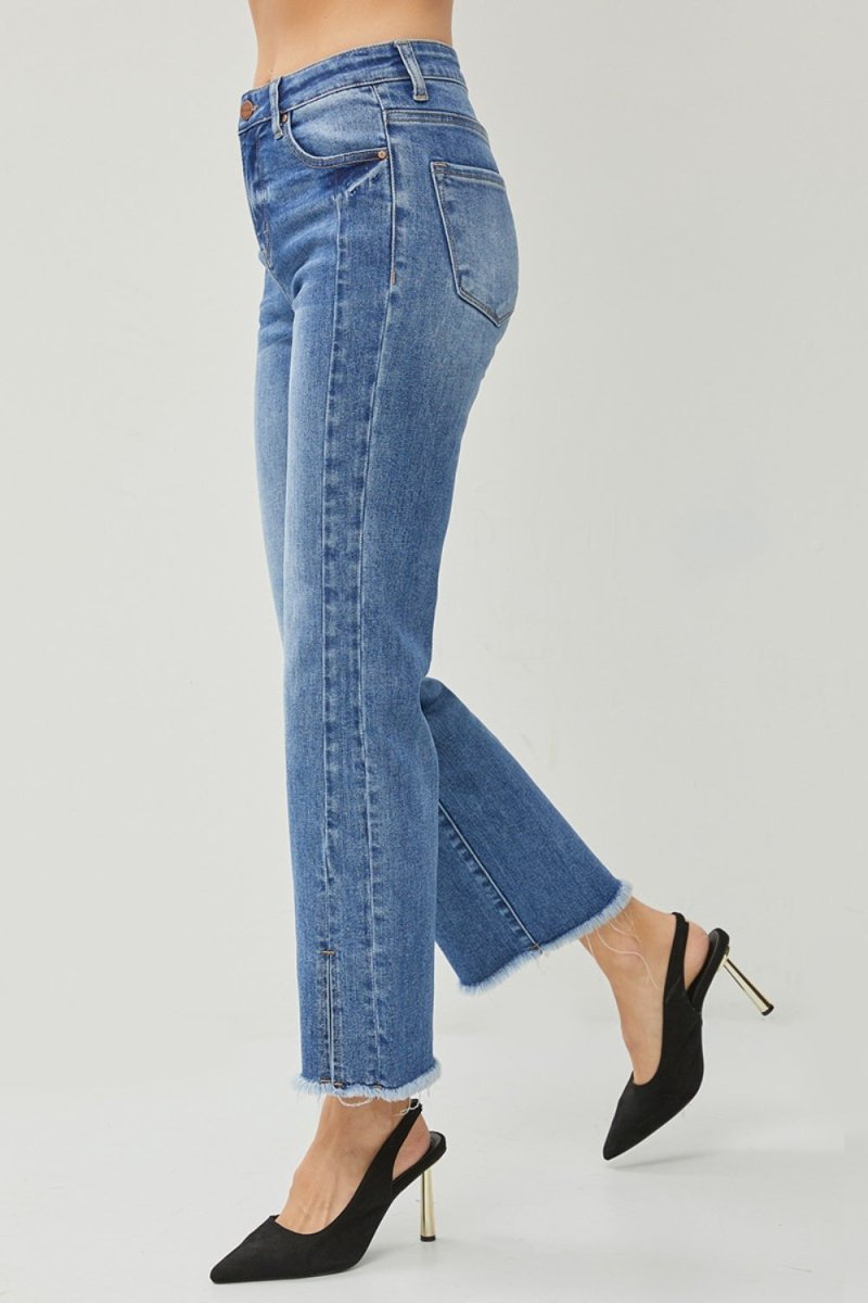 RISEN High Waist Raw Hem Slit Straight Jeans - Bottoms