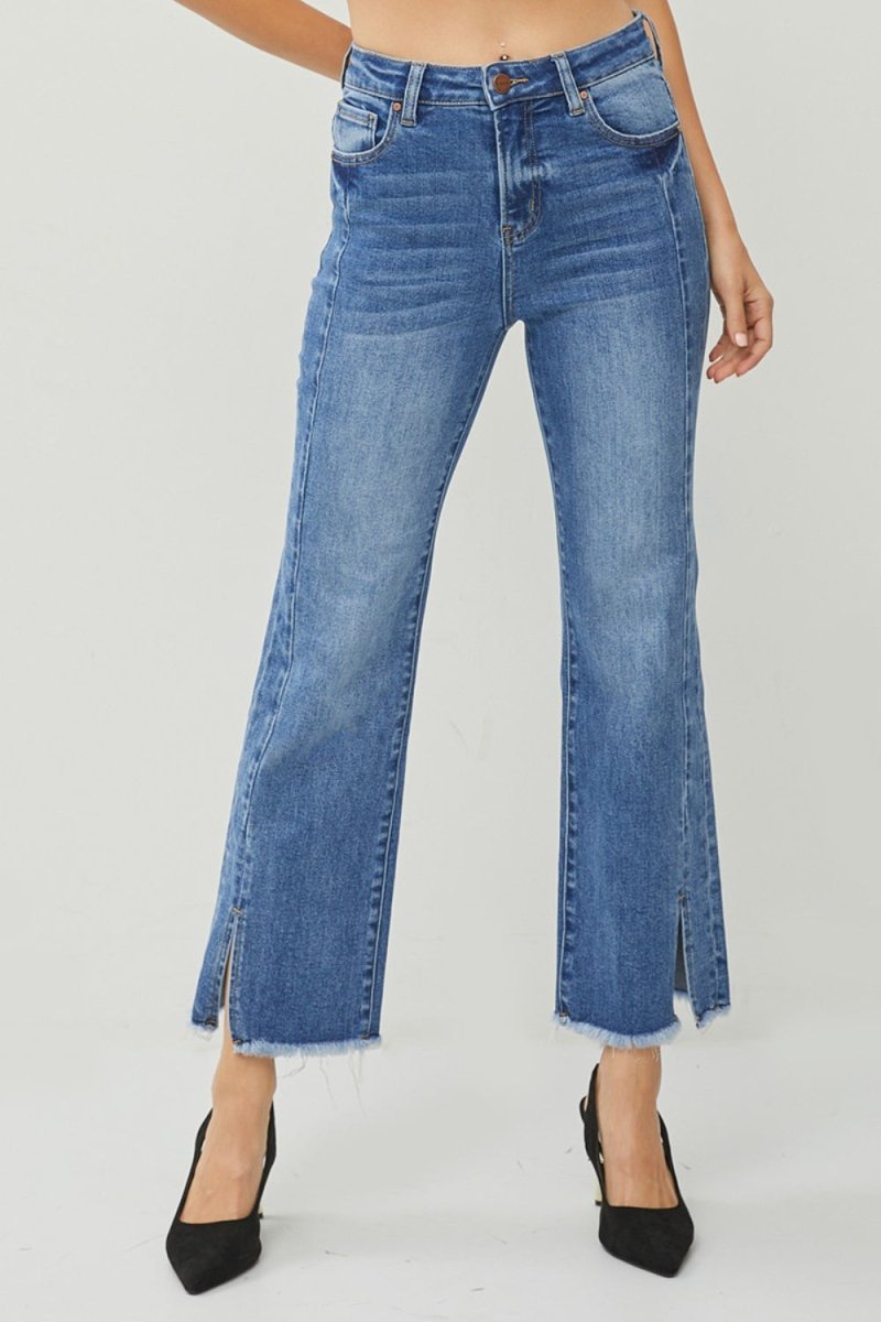 RISEN High Waist Raw Hem Slit Straight Jeans - Bottoms