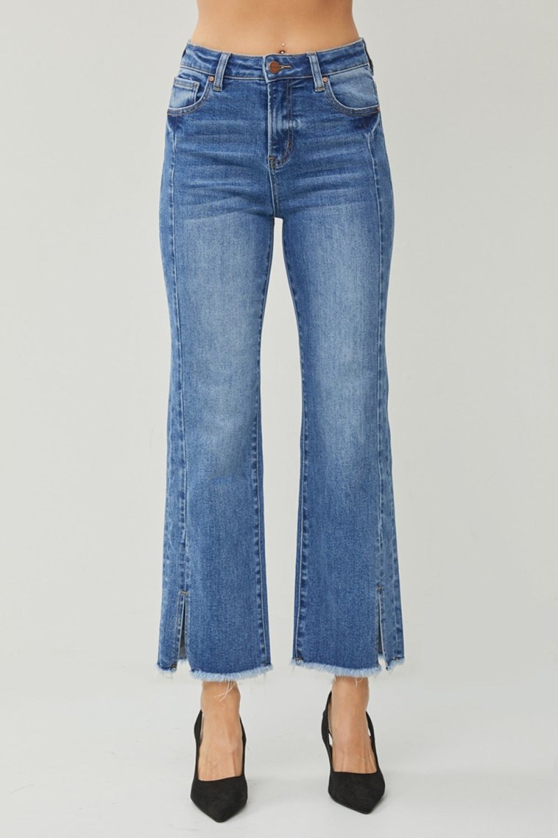RISEN High Waist Raw Hem Slit Straight Jeans - Bottoms