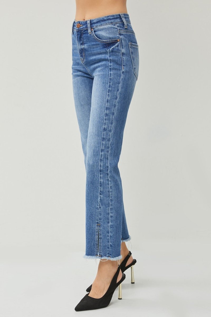 RISEN High Waist Raw Hem Slit Straight Jeans - Bottoms