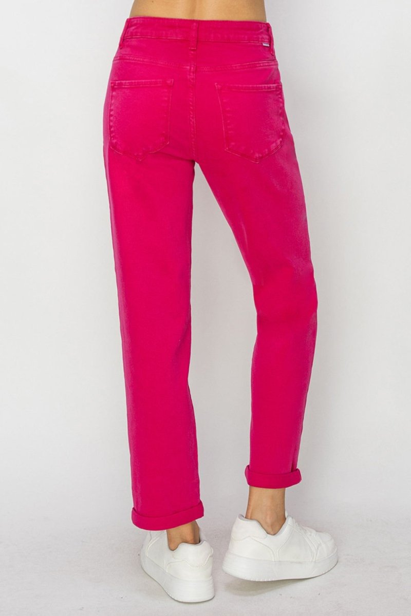 RISEN High Waist Rolled Hem Straight Jeans - Bottoms