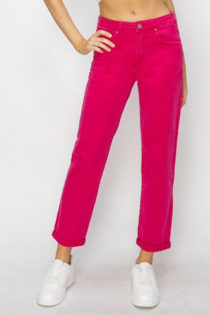 RISEN High Waist Rolled Hem Straight Jeans - Bottoms