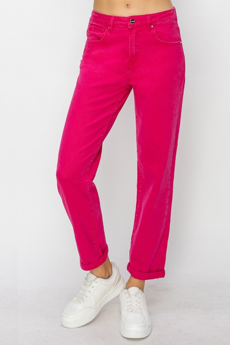 RISEN High Waist Rolled Hem Straight Jeans - Bottoms