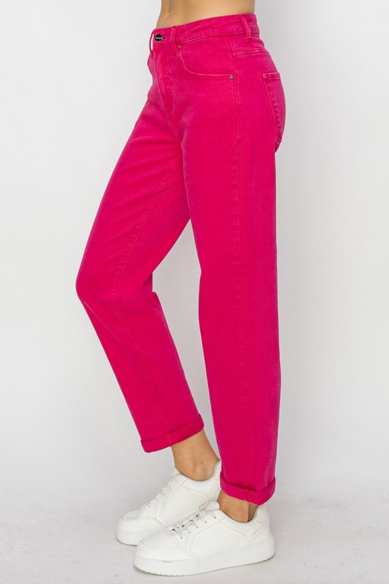 RISEN High Waist Rolled Hem Straight Jeans - Bottoms