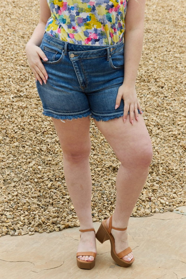RISEN Maya Full Size Mid Rise Asymmetrical Shorts - Bottoms