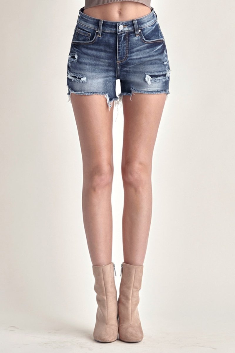 RISEN Mid Rise Raw Hem Denim Shorts - Bottoms
