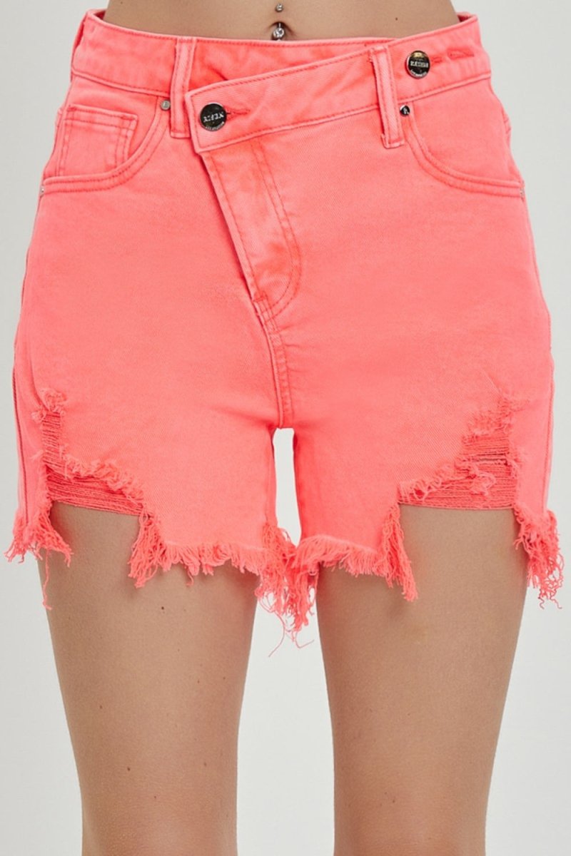 RISEN Raw Hem Asymmetrical Waist Denim Shorts - Bottoms