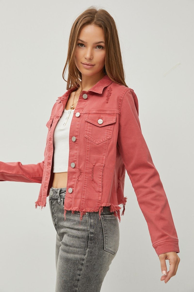 RISEN Raw Hem Button Up Cropped Denim Jacket - Outerwear