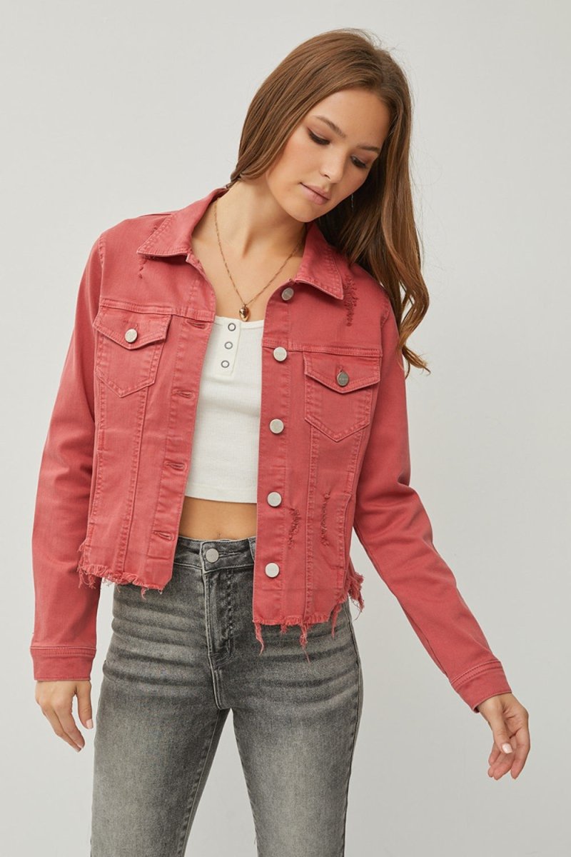 RISEN Raw Hem Button Up Cropped Denim Jacket - Outerwear
