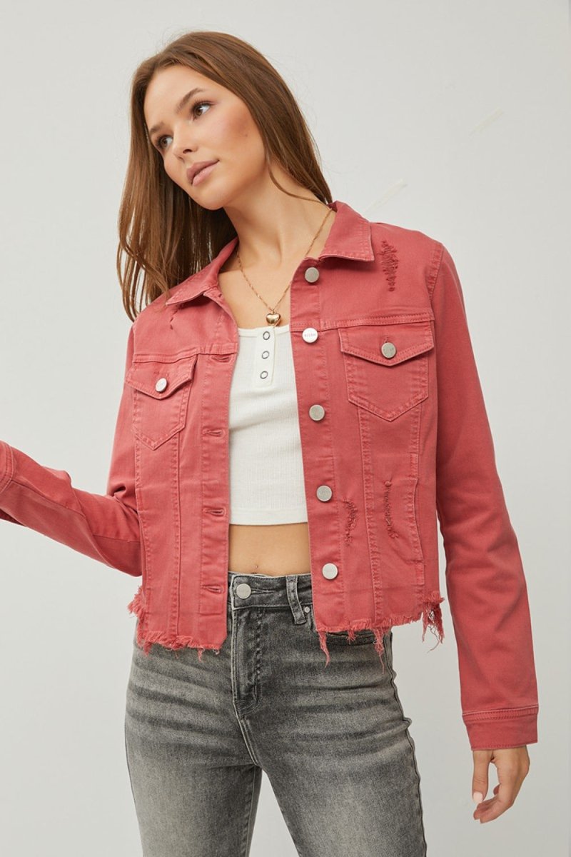 RISEN Raw Hem Button Up Cropped Denim Jacket - Outerwear