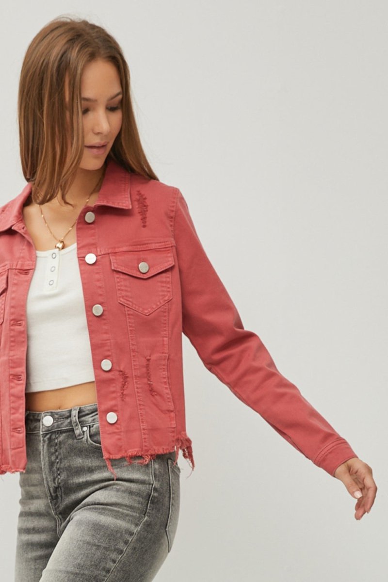 RISEN Raw Hem Button Up Cropped Denim Jacket - Outerwear