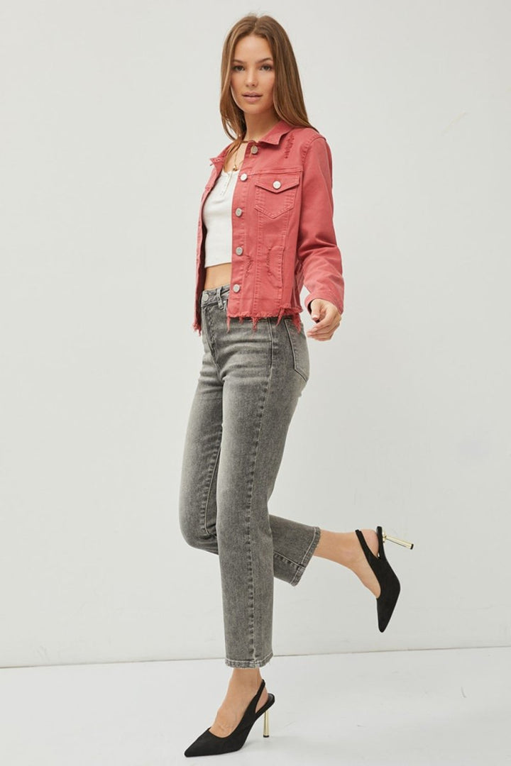 RISEN Raw Hem Button Up Cropped Denim Jacket - Outerwear